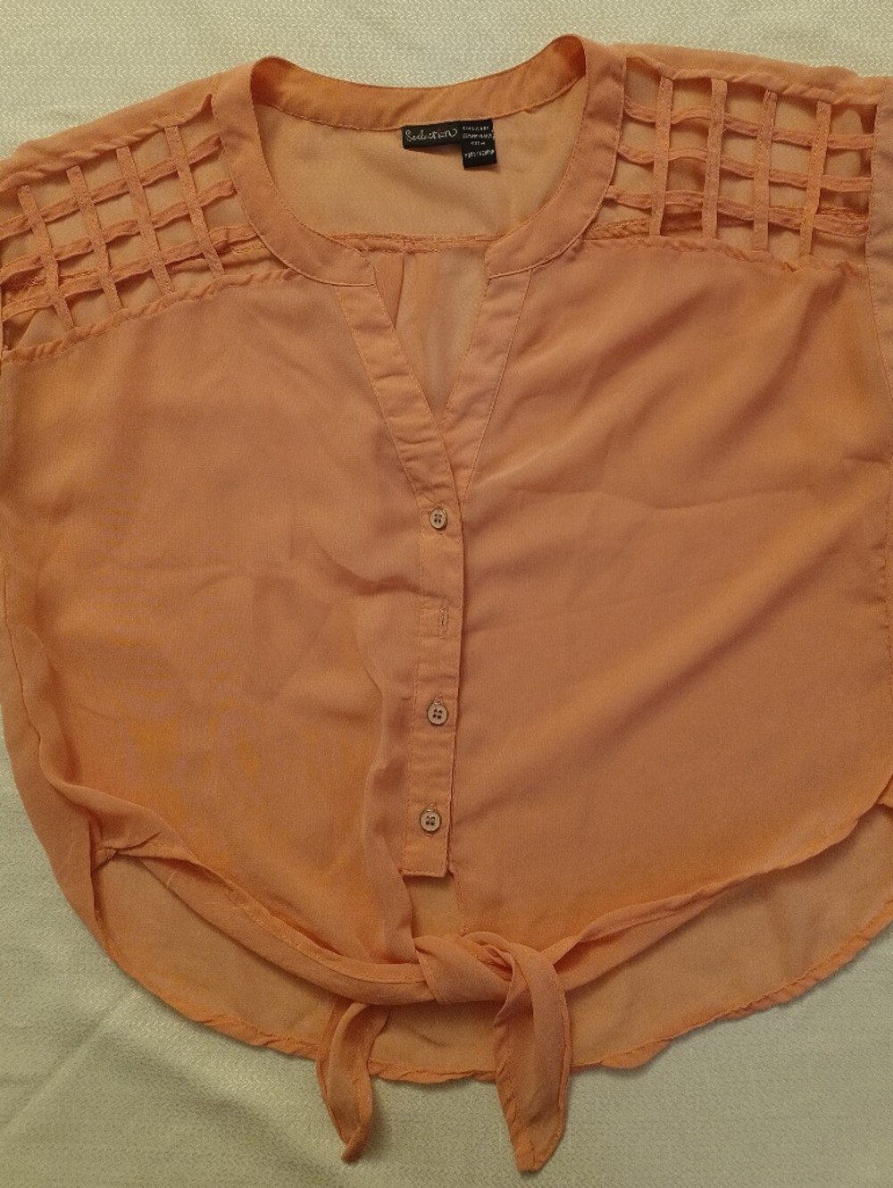 Seduction Peach Coral Sleeveless Button Front Tie Waist Blouse (Size M)